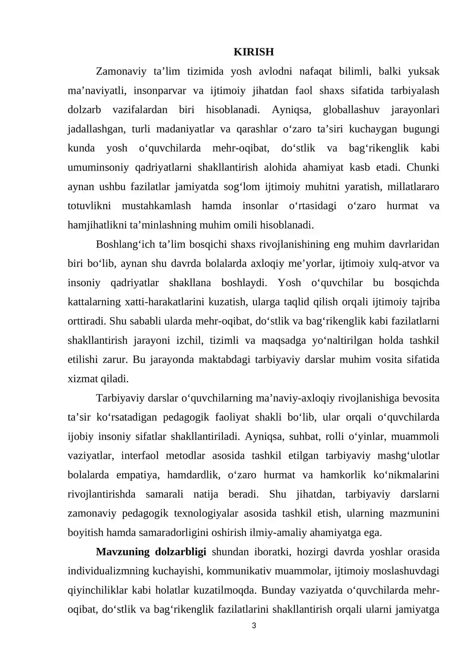 YOSH O'QUVCHILARDA MEHR-OQIBAT, DO'STLIK VA BAG'RIKENGLIK HISSINI SHAKLLANTIRISHDA TARBIYAVIY DARSLAR 3