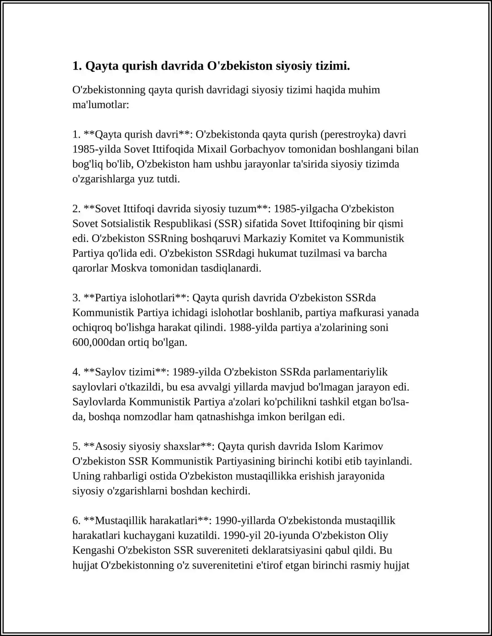 "QAYTA QURISH" YILLARIDA O'ZBEKISTONDAGI IJTIMOIY-SIYOSIY VAZIYAT" MAVZUSIDA 10TA KAZUS SAVOL TAYYORLASH 3