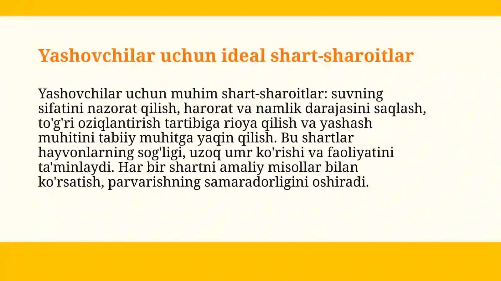 Akvarium vaterrariumda yashovchilarni parvarish qilishning shart sharoitlarini o'rganish 3