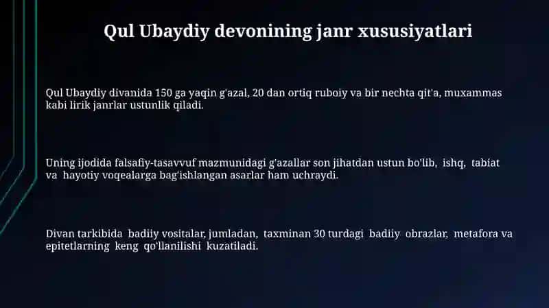 Qul Ubaydiy turkiy devonining janr xususiyatlari 3