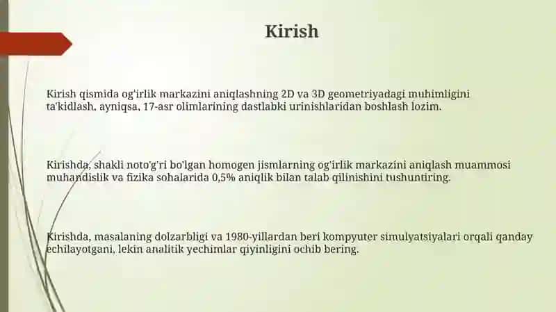 Oddiy shaklli baʼzi bir jinsli jismlarning ogʻirlik markazini aniqlashga doir masala 3