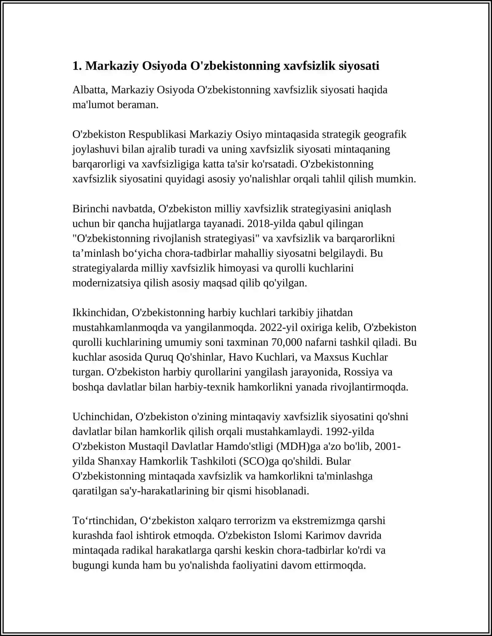 MUSTAQIL ISH Mavzu: O'ZBEKISTON MARKAZIY OSIYODA TINCHLIK VA BARQARORLIKNI TAMINLASH O'RNI 3