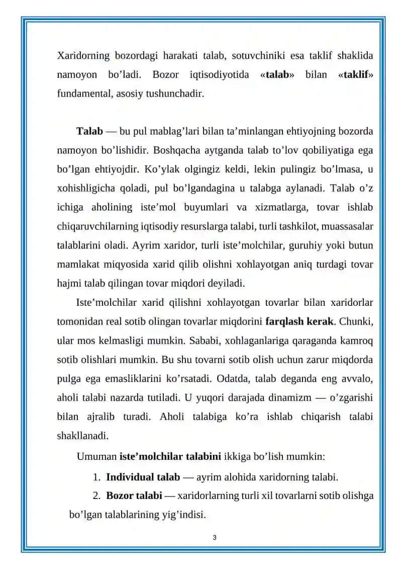 Talab va Taklifning Ozaro Bog'liqliği Bozor Muozanati va uning Turlari 3