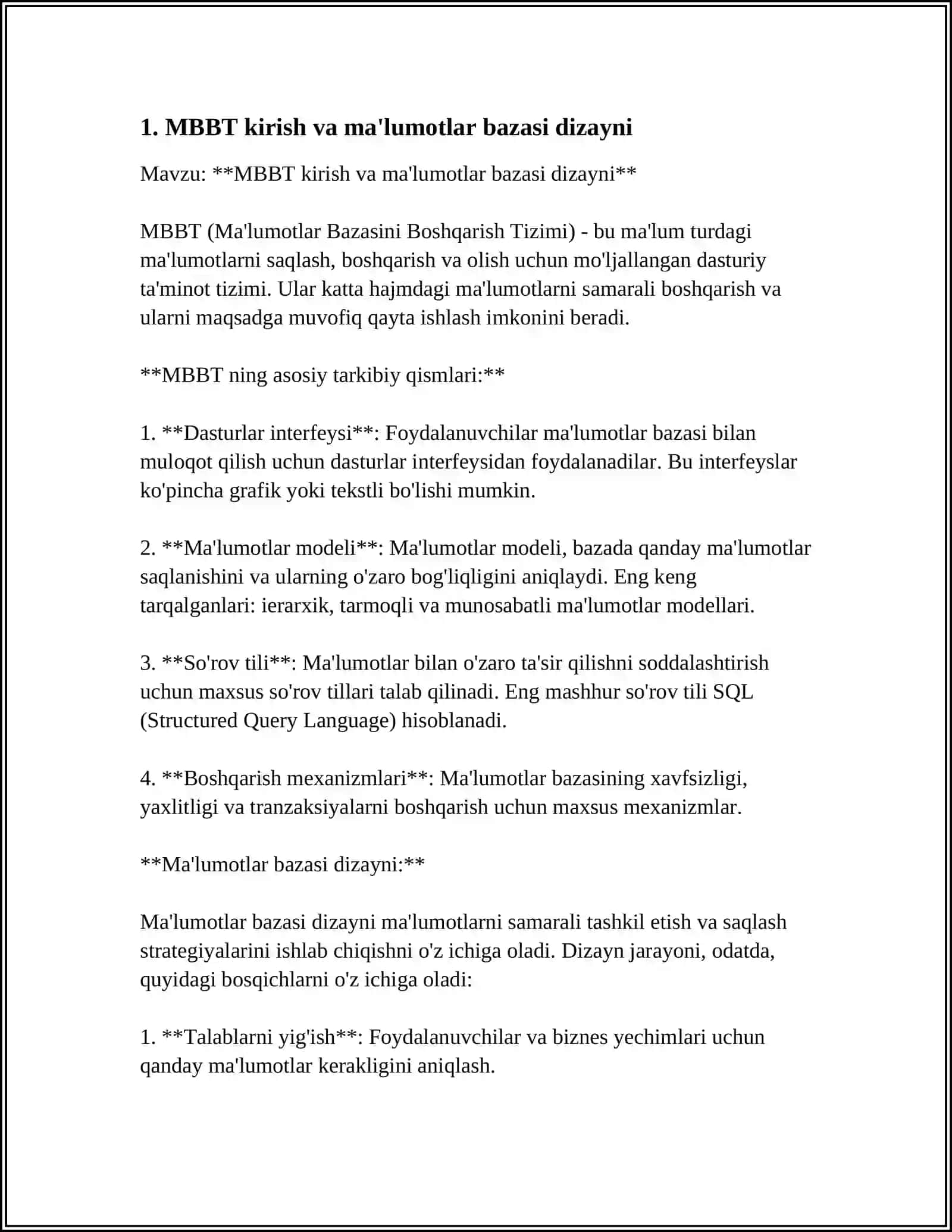 MBBT ACCESS DASTURIDA TURLI XIL JADVAL STRUKTURALARINI YARATISH, SO'ROV VA HI SOBOTL AR TAY YORLASH 3