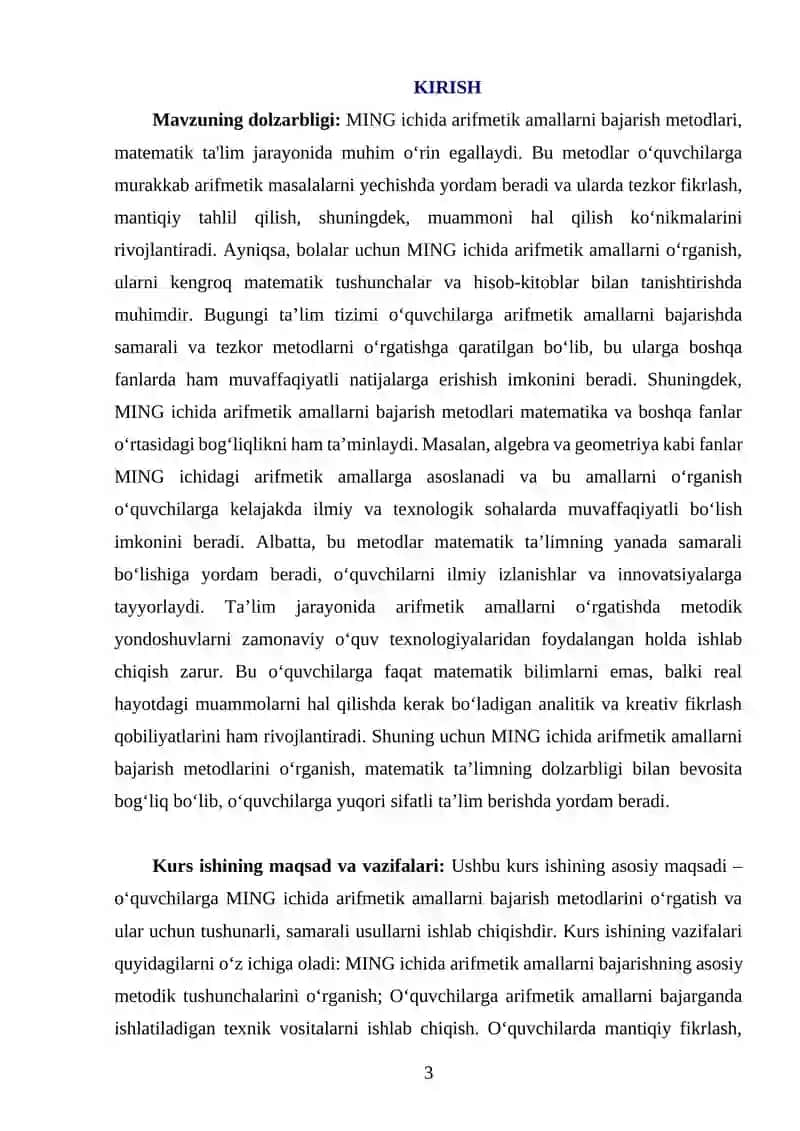 “MING ICHIDA ARIFMETIK AMALLAR BAJARISH METODLARDAN FOYDALANISH” KURS ISHI 3