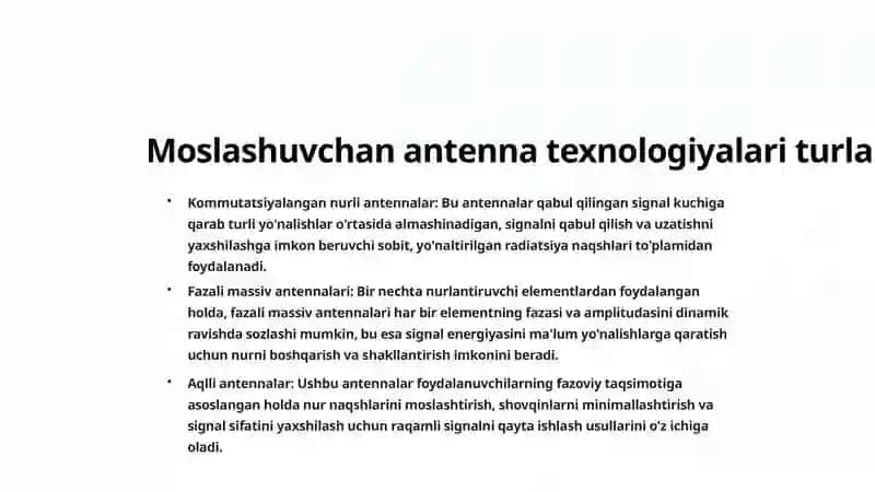 Simsiz aloqa tizimlarida ishlatiladigan adaptiv antennalar texnologiyalari 3