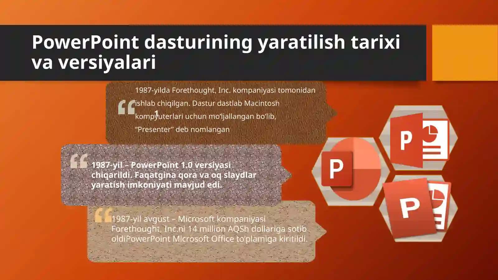 MS PowerPointning dasturiy ta'minoti va uning imkoniyatlari. Prezintatsiya tayyorlash usullari va ularga qo'yiladigan talablar 3