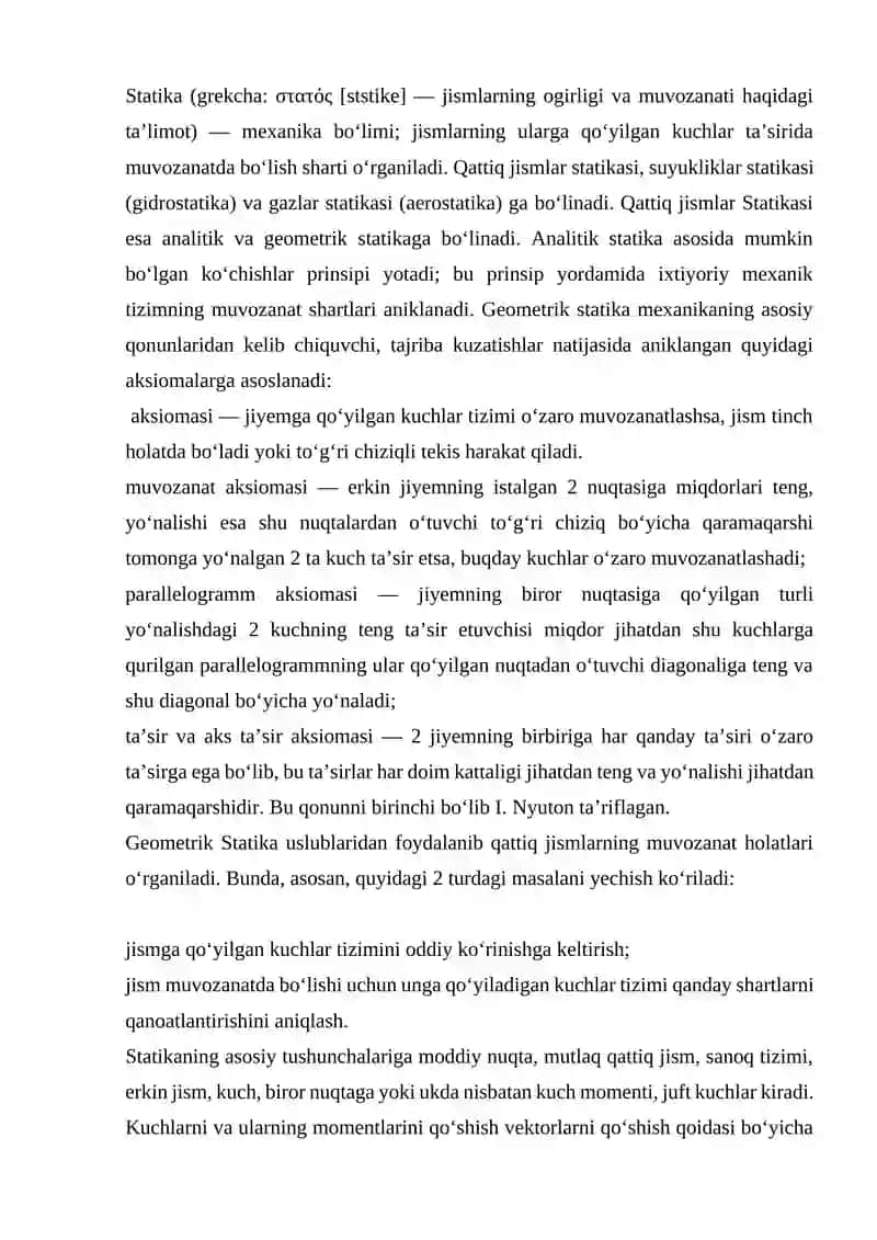 Statik aniq va statik aniqmas masalalar. Bir nechta jismdan tashkil topgan sistemaning muvozanati 3