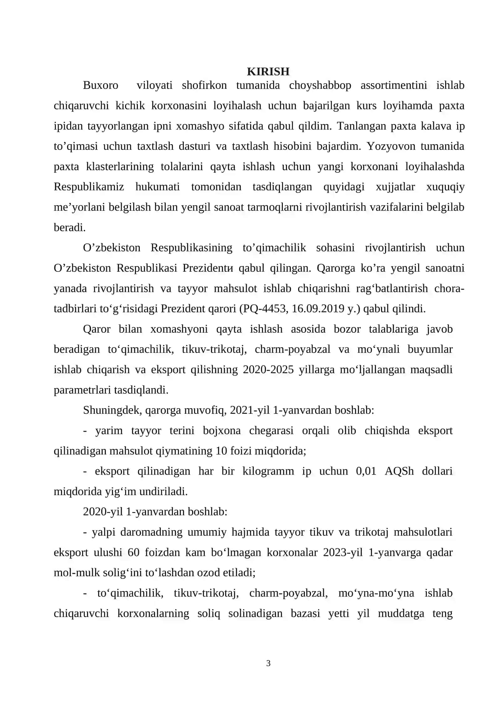 "Buxoro viloyati Shofirkon tumanida choyshabbob assortimentdagi to’qima ishlab chiqarish korxonasini loyihalash" 3