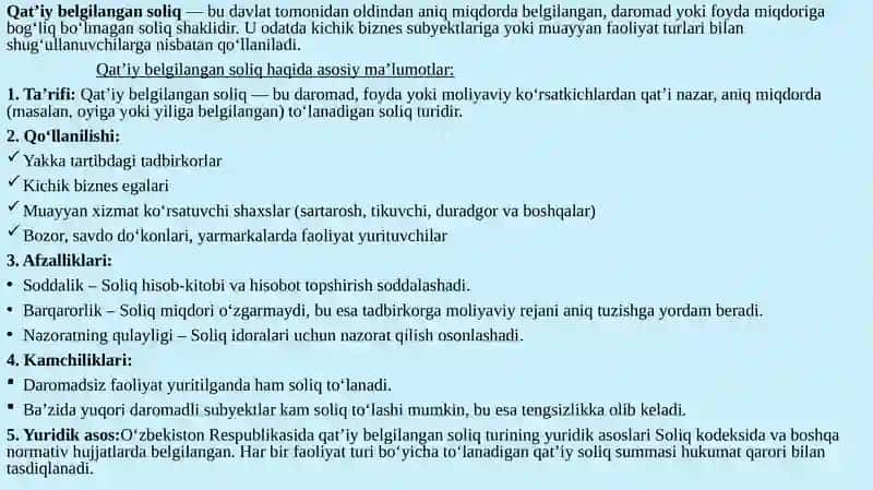 Qatiy belgilangan soliq to'lashning xususiyatlari 3