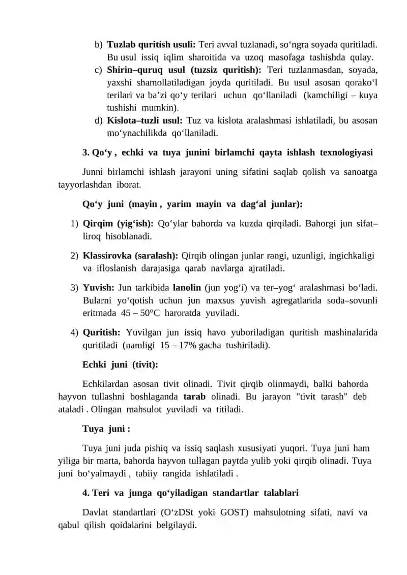 Turli qishloq xoʻjalik hayvonlarining teri va jun mahsulotlarini birlamchi qayta ishlash texnologik jarayoni 3