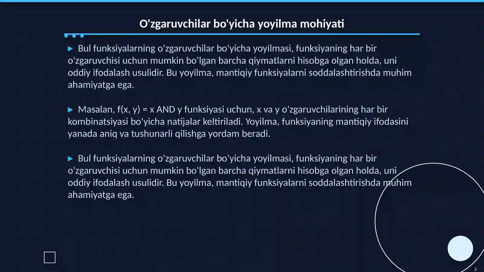 Bul funksiyalarning oʻzgaruvchilar boʻyicha yoyilmasi. Mukammal dizyunktiv normal forma. Mukammal konyuktiv normal forma 3