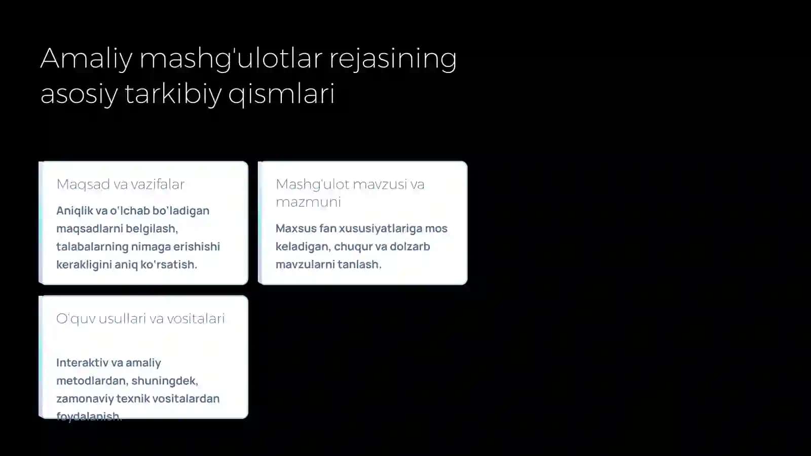 Maxsus fanlardan amaliy mashgʻulotlar rejasini tuzish va uslubiy koʻrsatma tayyorlash 3