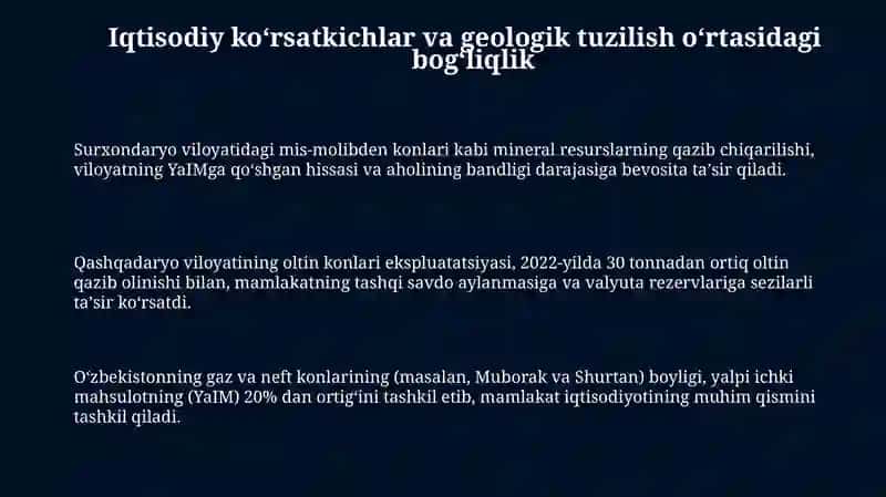 Oʻzbekistonning Umumiy Iqtisodiy Koʻrsatkichlari va Geologik Tuzuilishi 3