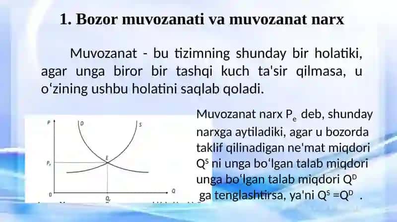 ERKIN TANLANGAN MAHSULOT MISOLIDA BOZOR MUVOZANATI HOLATINI TAHLIL QILISH OZANATGA TA'SIR ETUVCHI OMILLARNI YORITIB BERISH 3