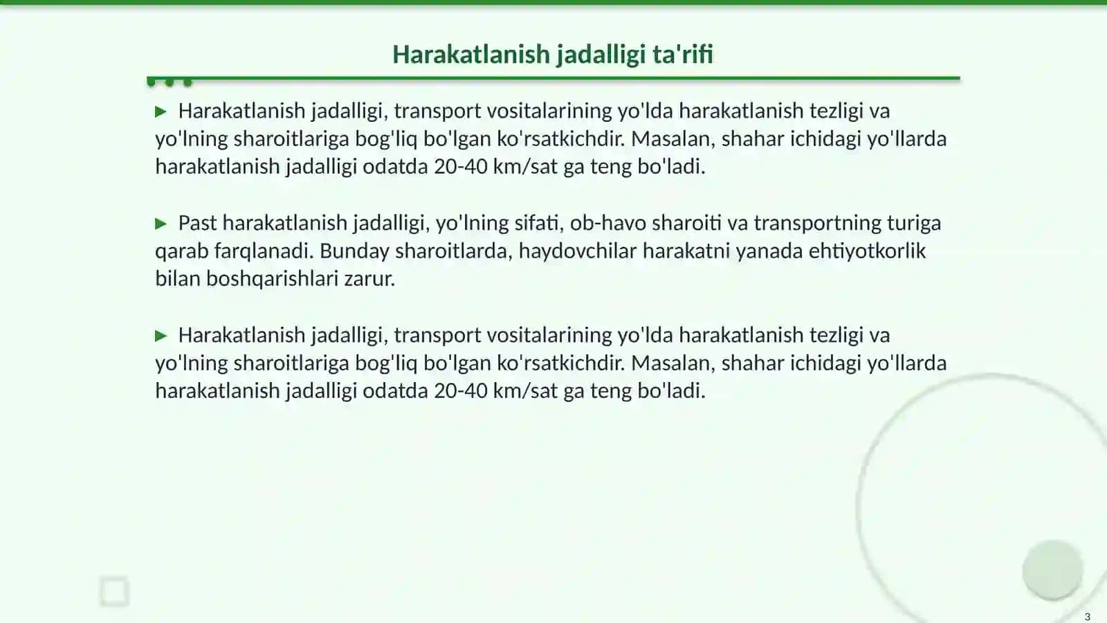 Harakatlanish jadalligi past boʻlgan yoʻllarda transport vositalarini boshqarish qoida va usullari 3
