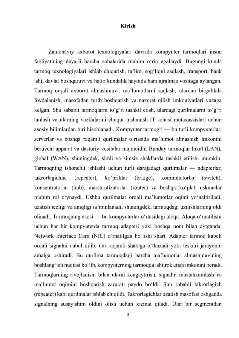 Tarmoq qurilmalari va ularning vazifalari. Tarmoq adapterlari, takrorlagich, ko‘prik, konsentrator 3