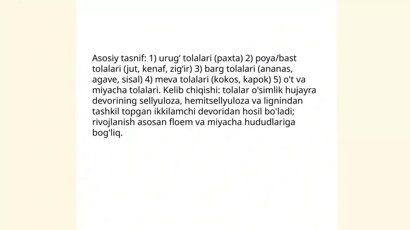 O'simliklar asosida olinadigan tolalar, tuzilishi va xossalari 3