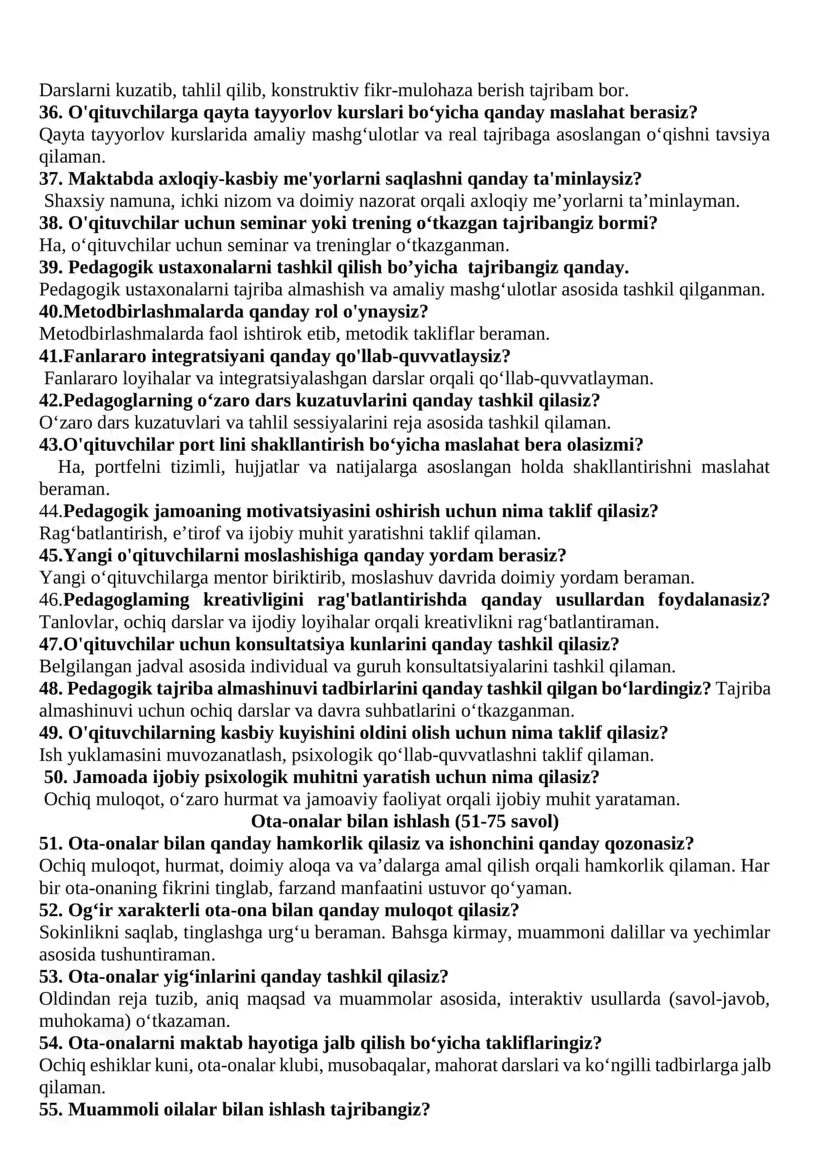 Maktab maslahatchisi lavozimi uchun suhbat test savol va javoblari 3