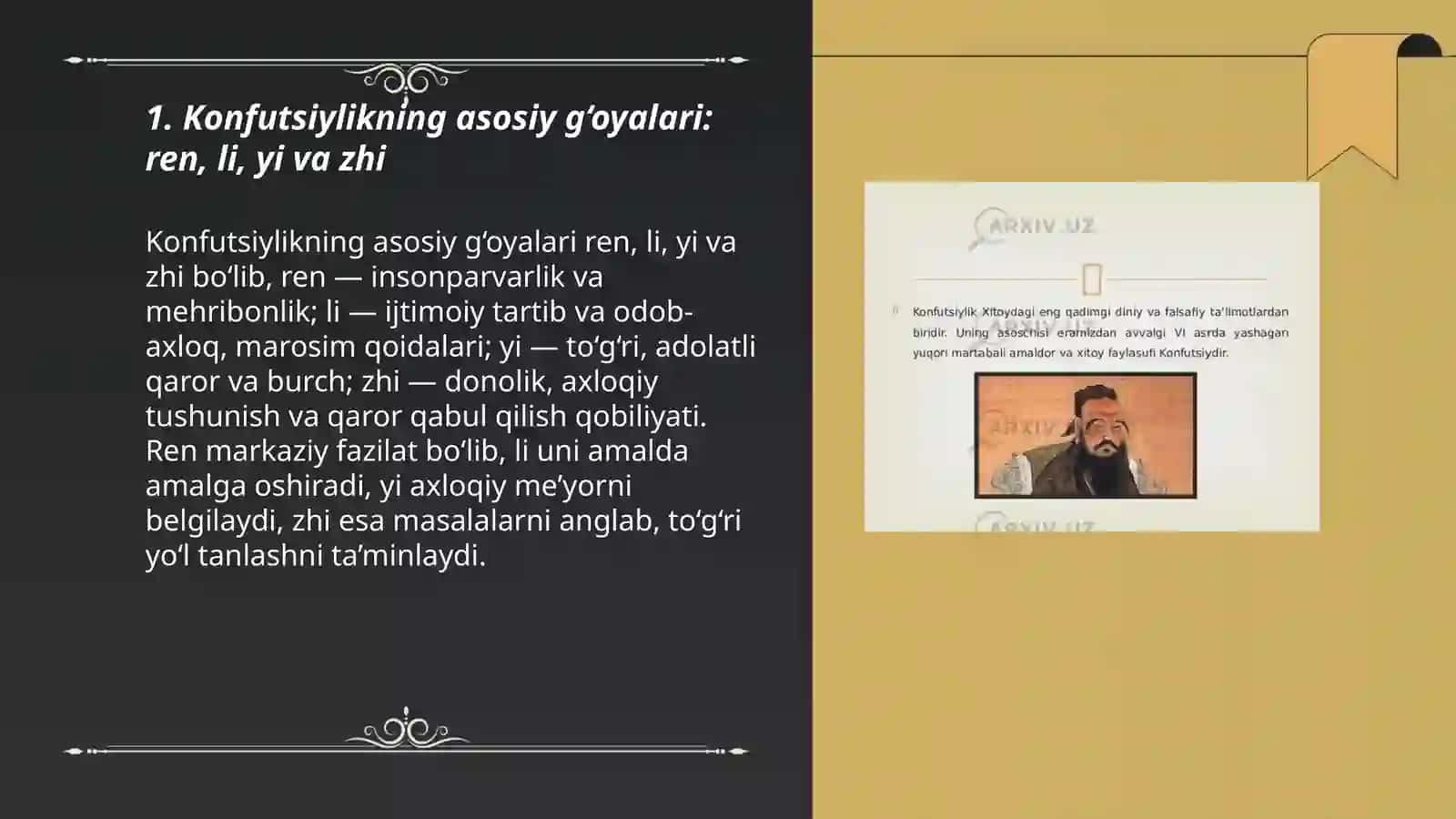 Konfutsiylikning asosiy g‘oyalari: ren, li, yi va zhi 3
