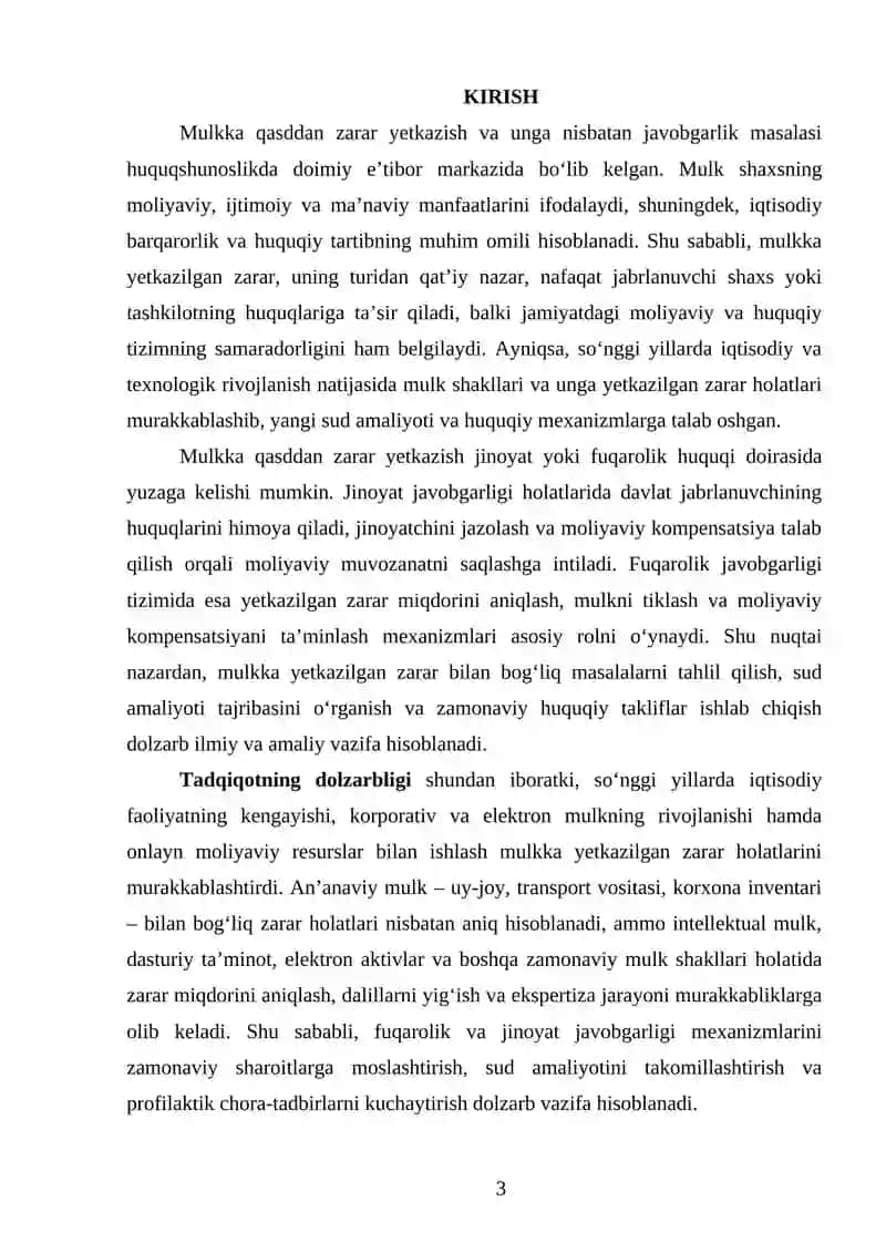 Mulkni qasddan nobud qilish yoki zarar yetkazish uchun javobgarlikning ayrim masalalari 3
