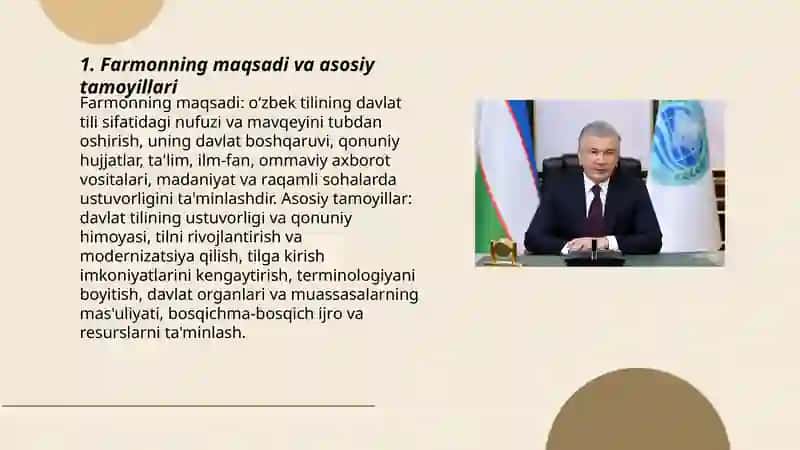 Farmoni "O‘zbek tilining davlat tili sifatidagi nufuzi va mavqeyini tubdan oshirish chora-tadbirlari to‘g‘risida" 3