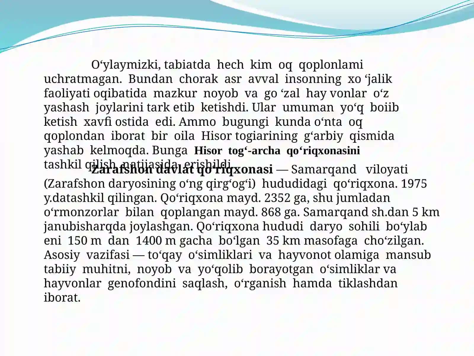 Landshaft va uni muhofaza qilish shakllari. Qo’riqxonalar, milliy bog’lar, buyurtma xona, rezervatlar 3
