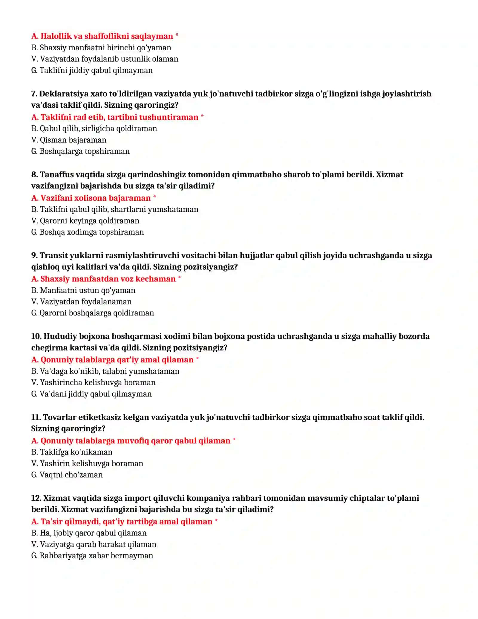 BOJXONA AKADEMIYASI - TO'LIQ TEST TO'PLAMI (№ 85) 3