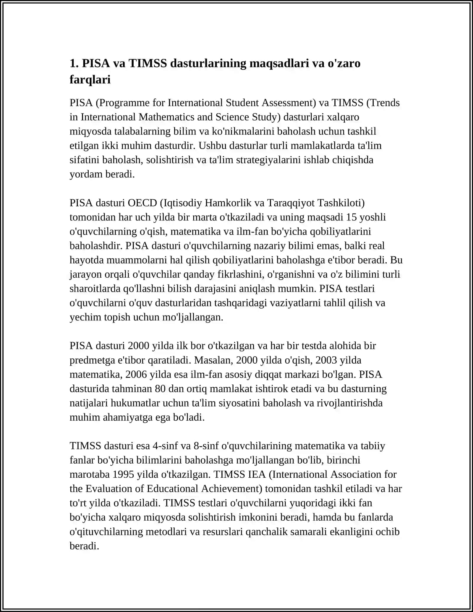 PISA VA TIMSS XALQARO BAHOLASH DASTURI ASOSIDA TEST TOPSHIRIQLARINI TUZISH VA ULARNI QIYOSIY TAHLIL ETISH 3