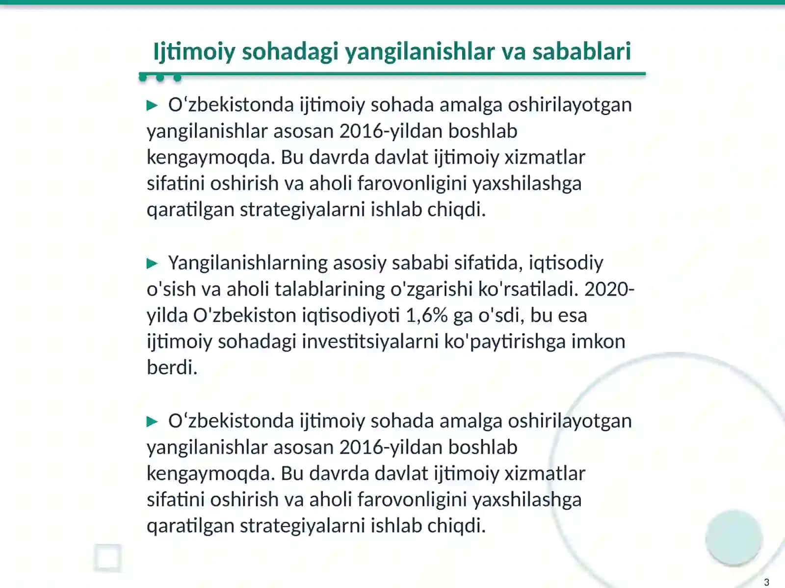 Oʻzbekistonda ijtimoiy sohada amalga oshirilayotgan oʻzgarishlar mazmuni va mohiyati 3
