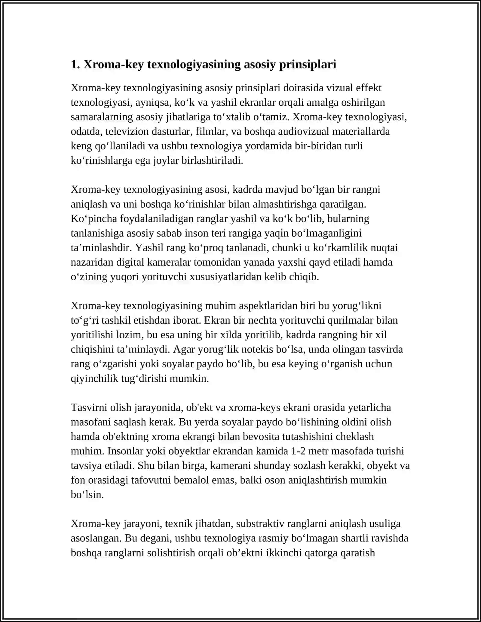 VIZUAL EFFEKTLAR TEXNOLOGIYASI. KO'K VA YASHIL EKRANLAR 3