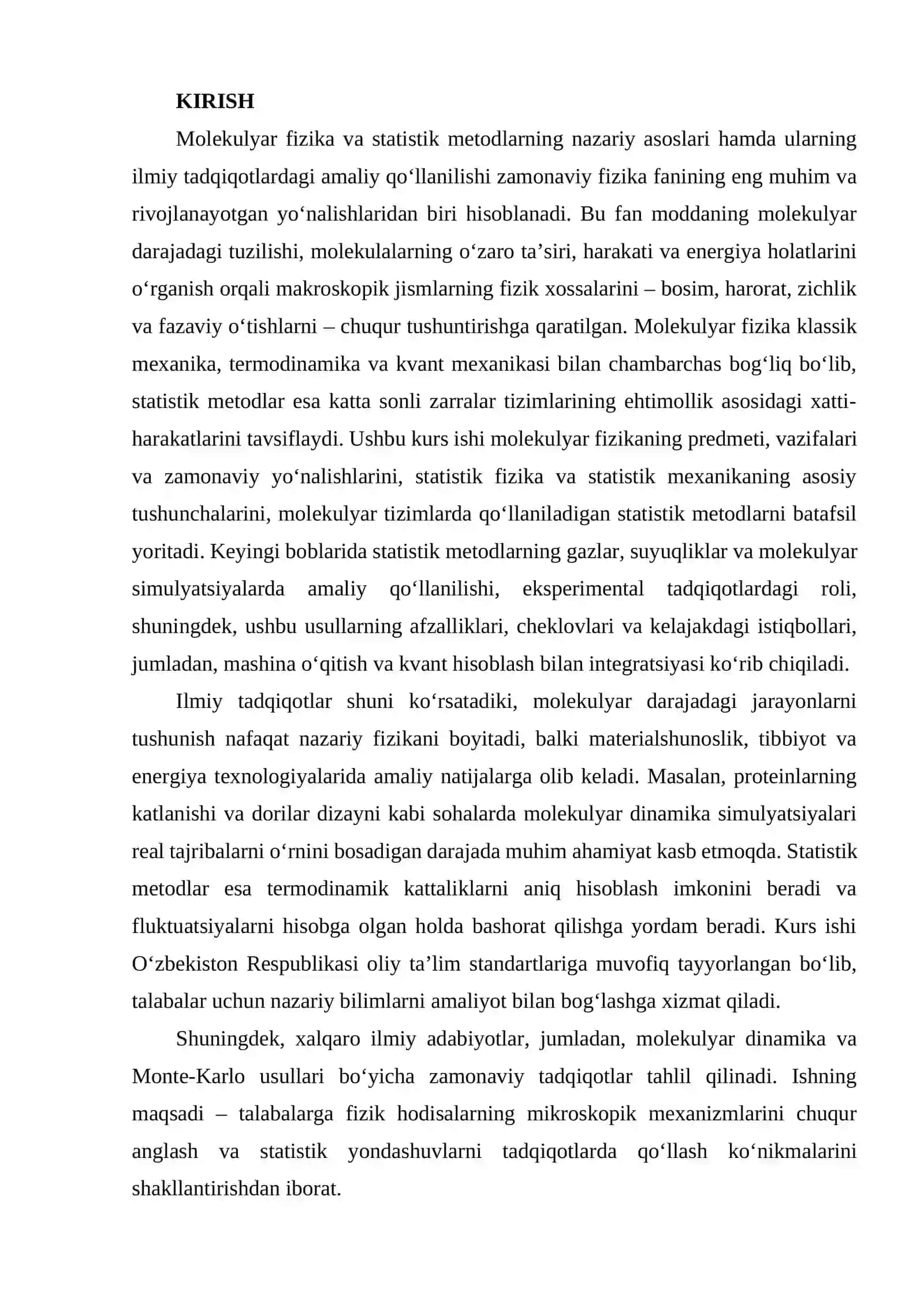 MOLEKULYAR FIZIKADA STATISTIK METODLARNING ILMIY TADQIQOTLARDA QO’LLANILISHI 3