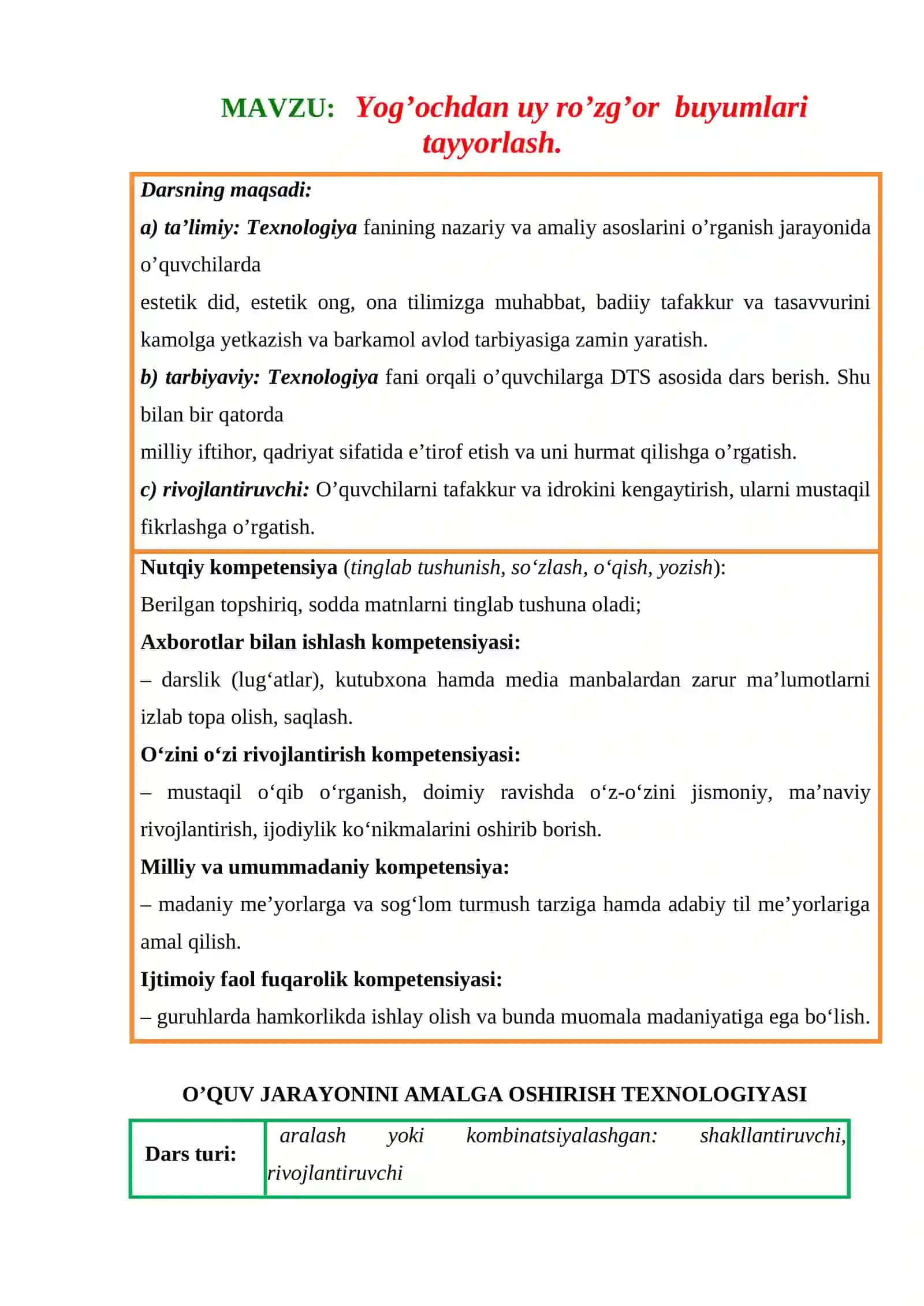 7-sinf Texnologiya fanidan Yog'ochdan uy-ro'zg'or buyumlarini tayyorlash ochiq dars ishlanma 3