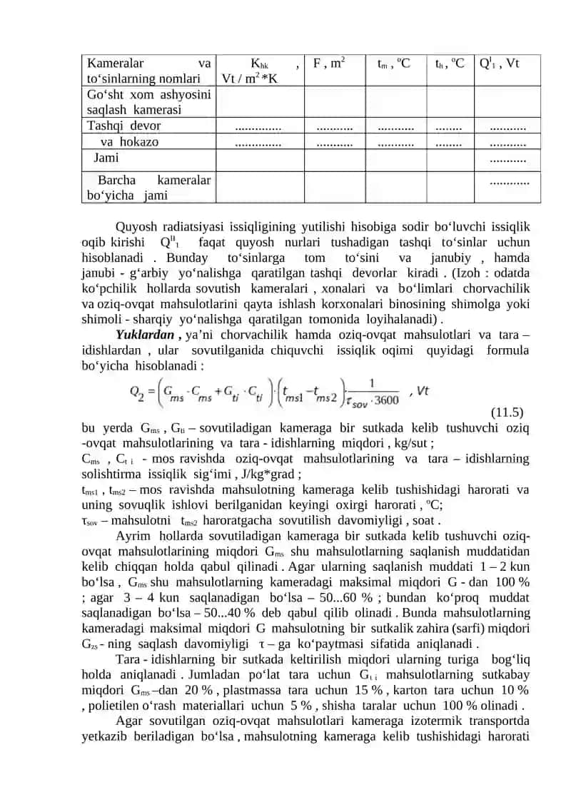 Ma’ruza: Chorvachilik mahsulotlarini saqlash uchun sovutish mashinasining kalorik hisoblanishi 3