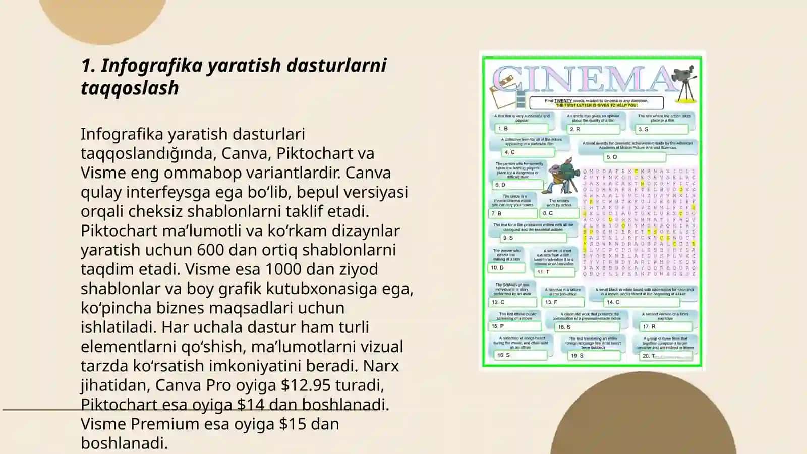 Infografika yaratish dasturiy vositalari imkoniyatlarini o’rganish 3