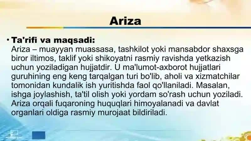 lumot-axborot hujjatlari ariza, bayonnoma, bayonnomadan ko‘chirma 3