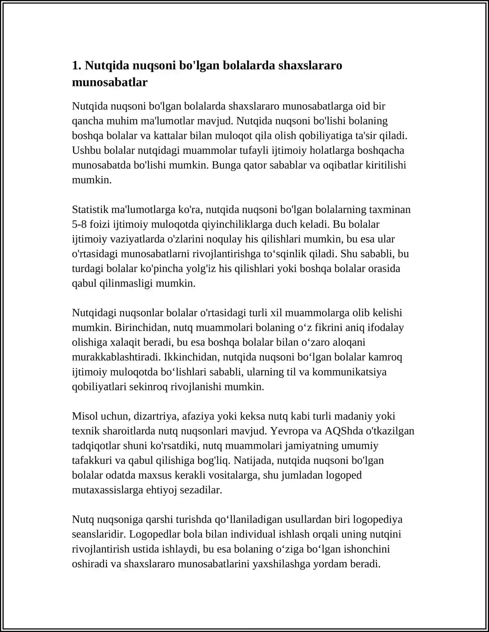 NUTQIDA NUQSONI BO'LGAN BOLALAR SHAXSLARARO MUNOSABATLARI DIAGNOSTIKASI 3