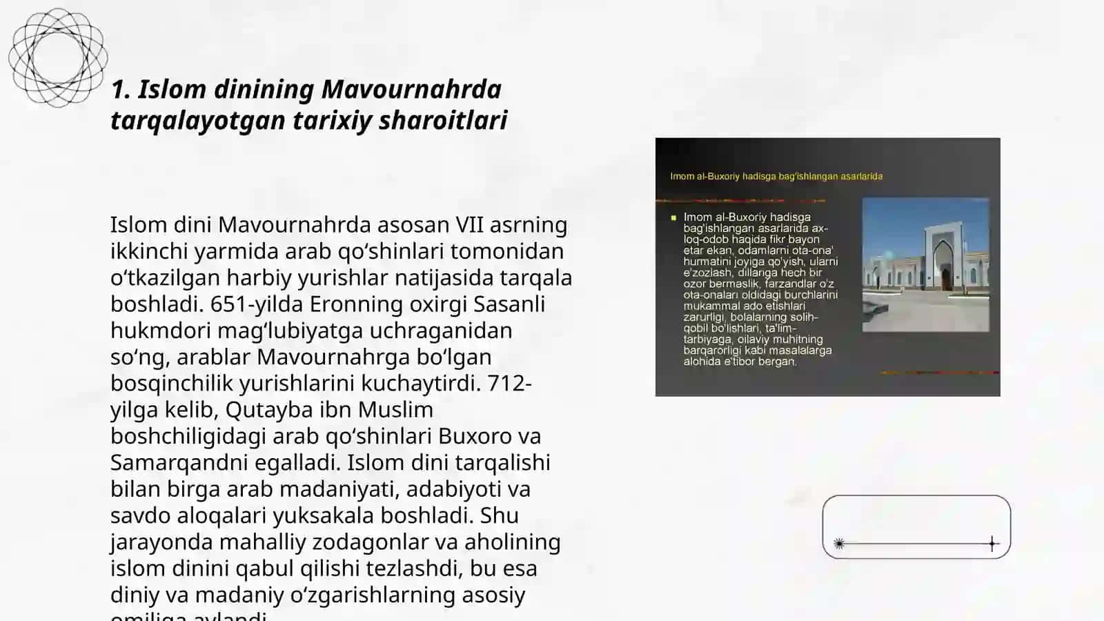 Mavournahrda İslom dinining tarqalishi va madrasa taʼlimi shakllanishining ijtimoiy madaniy hayotga taʼsiri 3