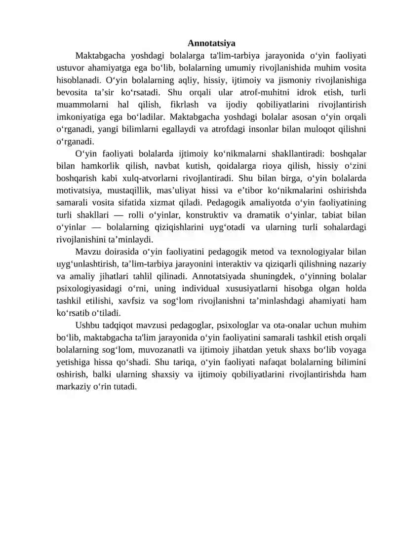 Maktabgacha yoshdagi bolalarga ta'lim-tarbiya berishda o'yin faoliyatining ustuvorligi 3