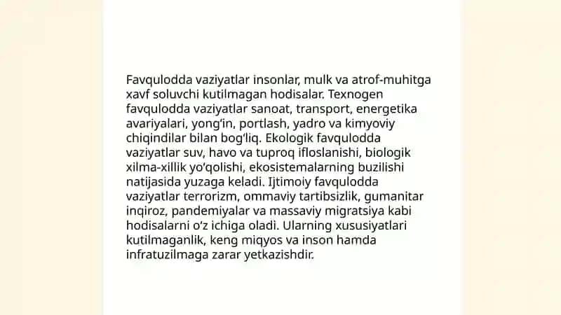 TEXNOGEN, EKOLOGIK VA IJTIMOIY TUSDAGI (TERRORIZM VA BOSHQALAR) FAVQULODDA VAZIYATLAR VA ULARNING QISQACHA TASNIFI 3