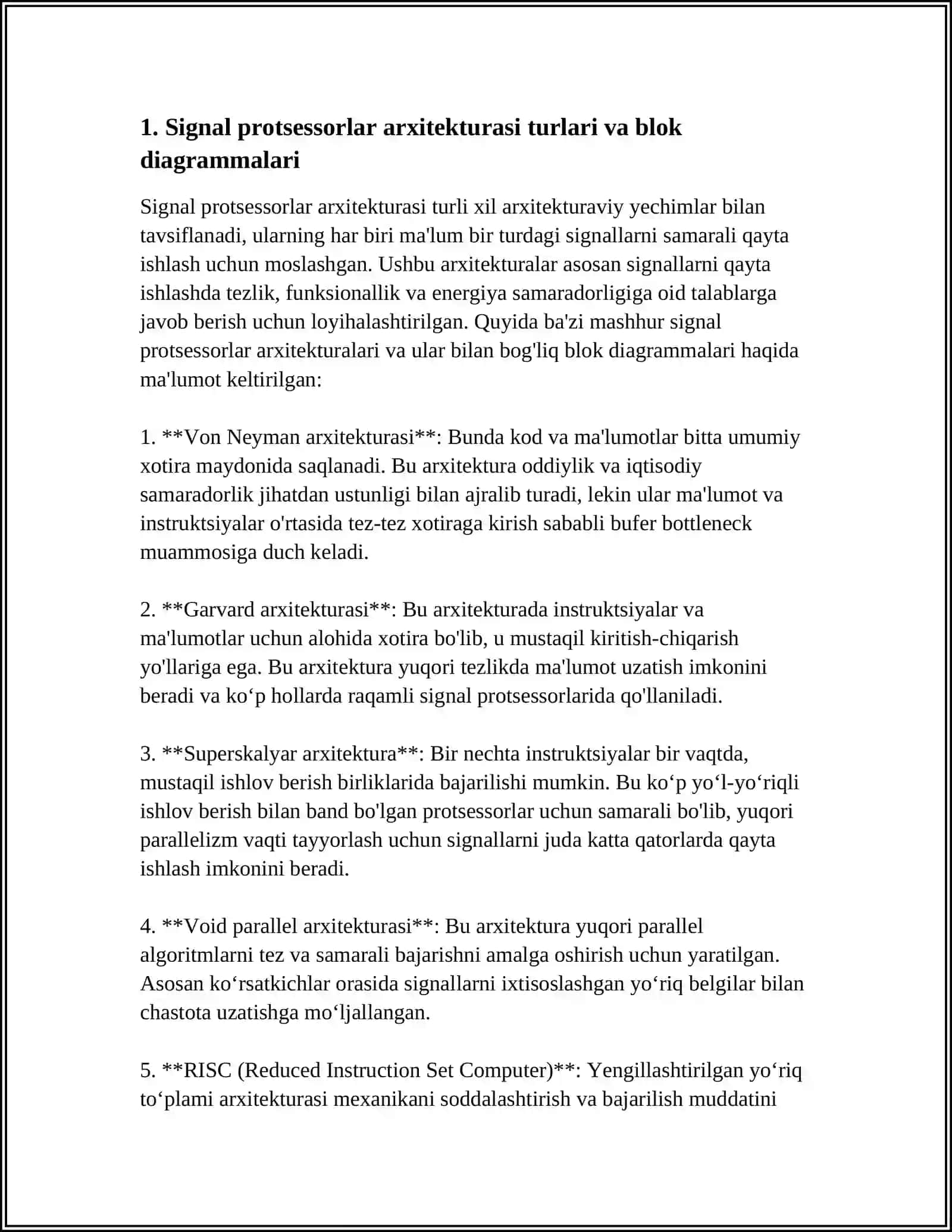SIGNAL PRORSESSORLAR KORSATKICHLARI TEXNIK PARAMETRLARI VA ARXITEKTURASI 3