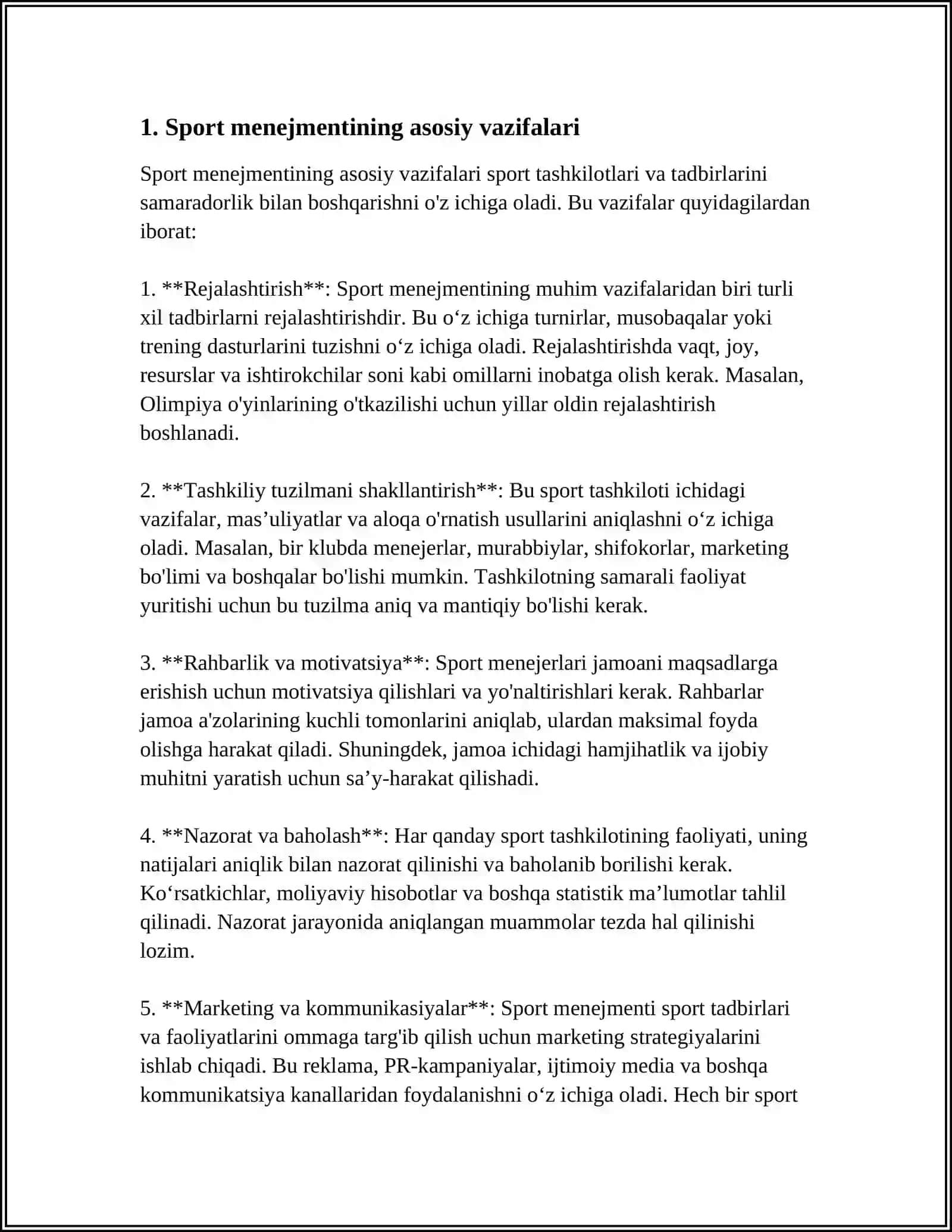 SPORT MENEJMENTI PREDMETINING MAQSAD VA VAZIFALARI. SPORTDA BOSHQARUV UMUMIY TUSHUNCHASI 3