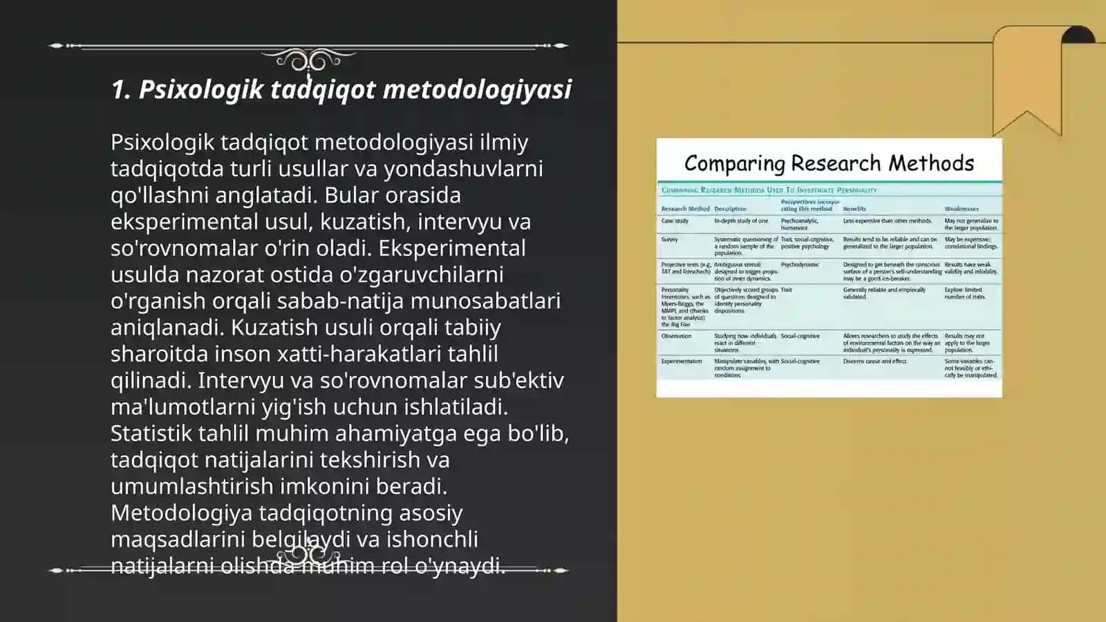 Psixologiya fanining ilmiy tadqiqot metodlarini oʻrganib taqdimot (slayd) tayyorlash 3