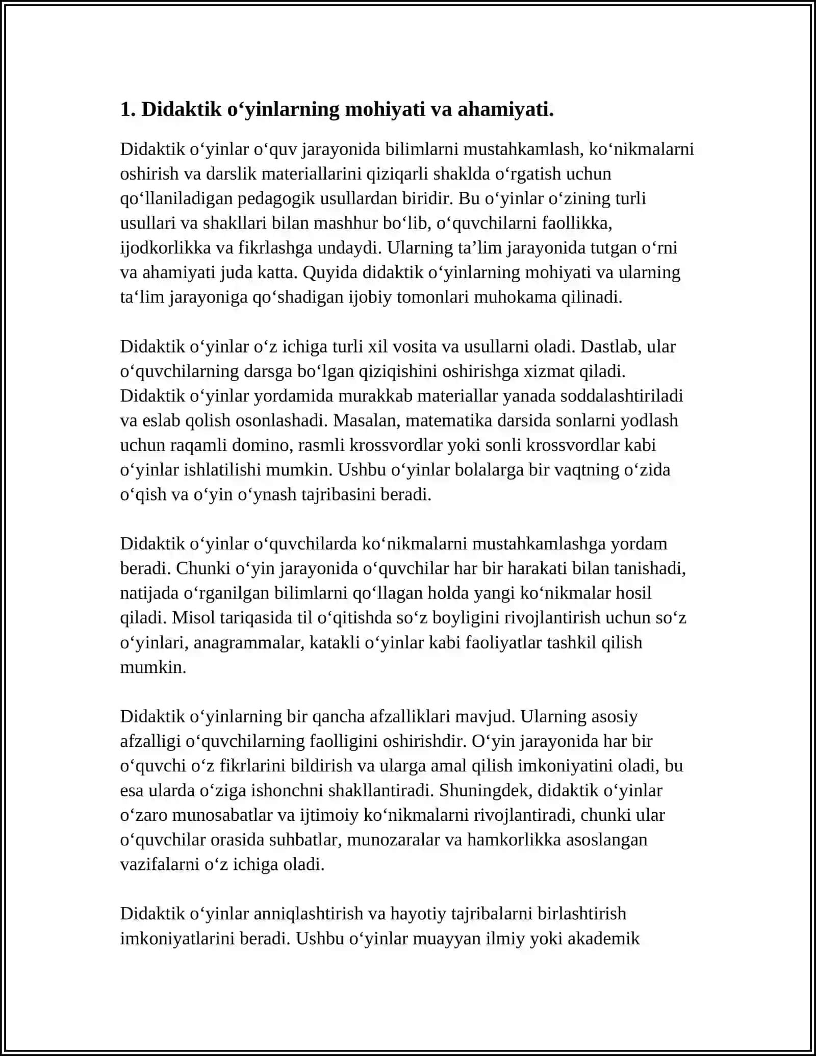 SINFDAN TASHQARI MASHGʻULOTLARDA DIDAKTIK OʻYINLARNING AHAMIYATI, MAZMUNI ULARDAN FOYDALANISH (3-SINF MISOLIDA) 3