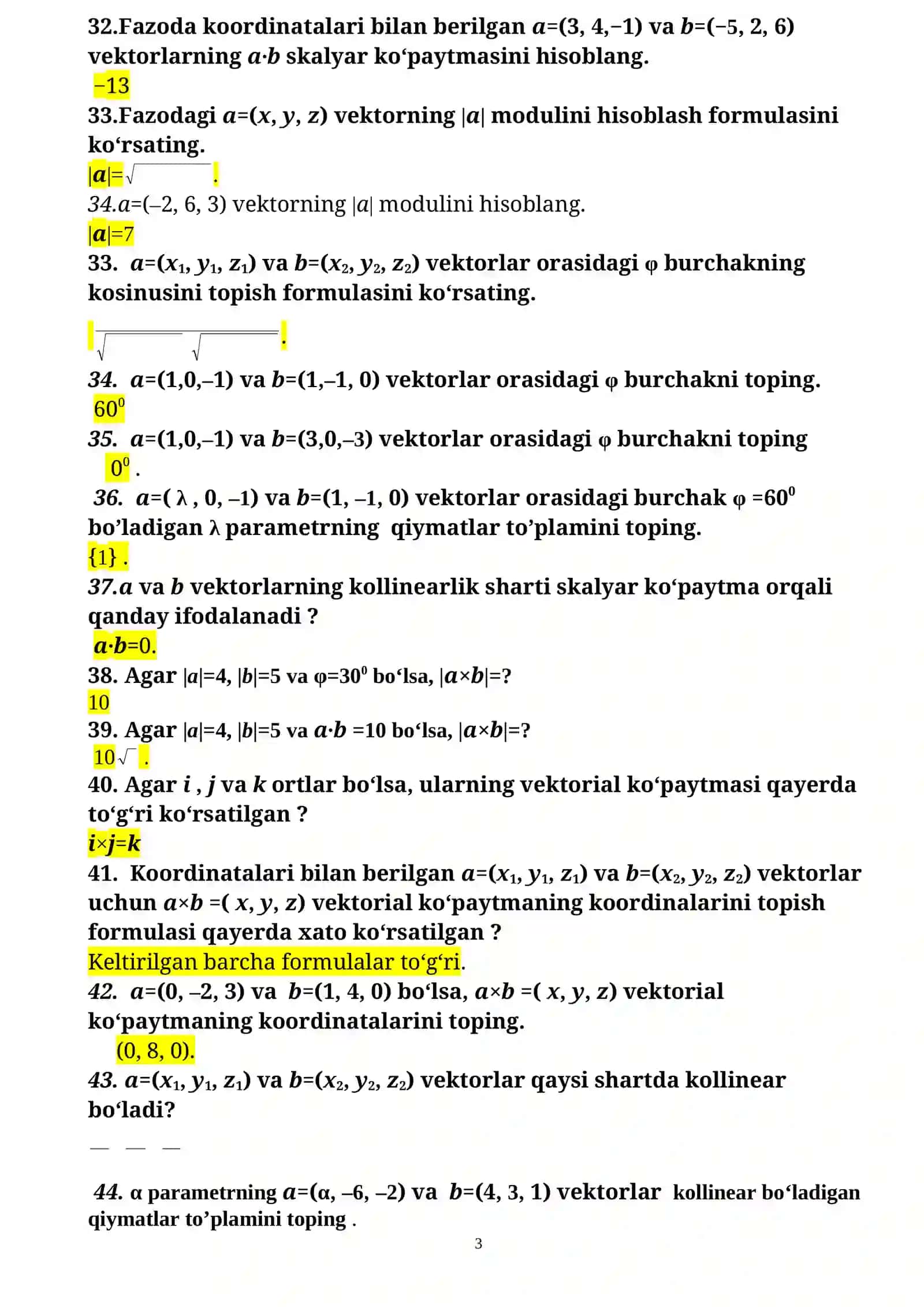 Geometriya fanidan II kurs talabalari uchun yakuniy nazorat testlari 3