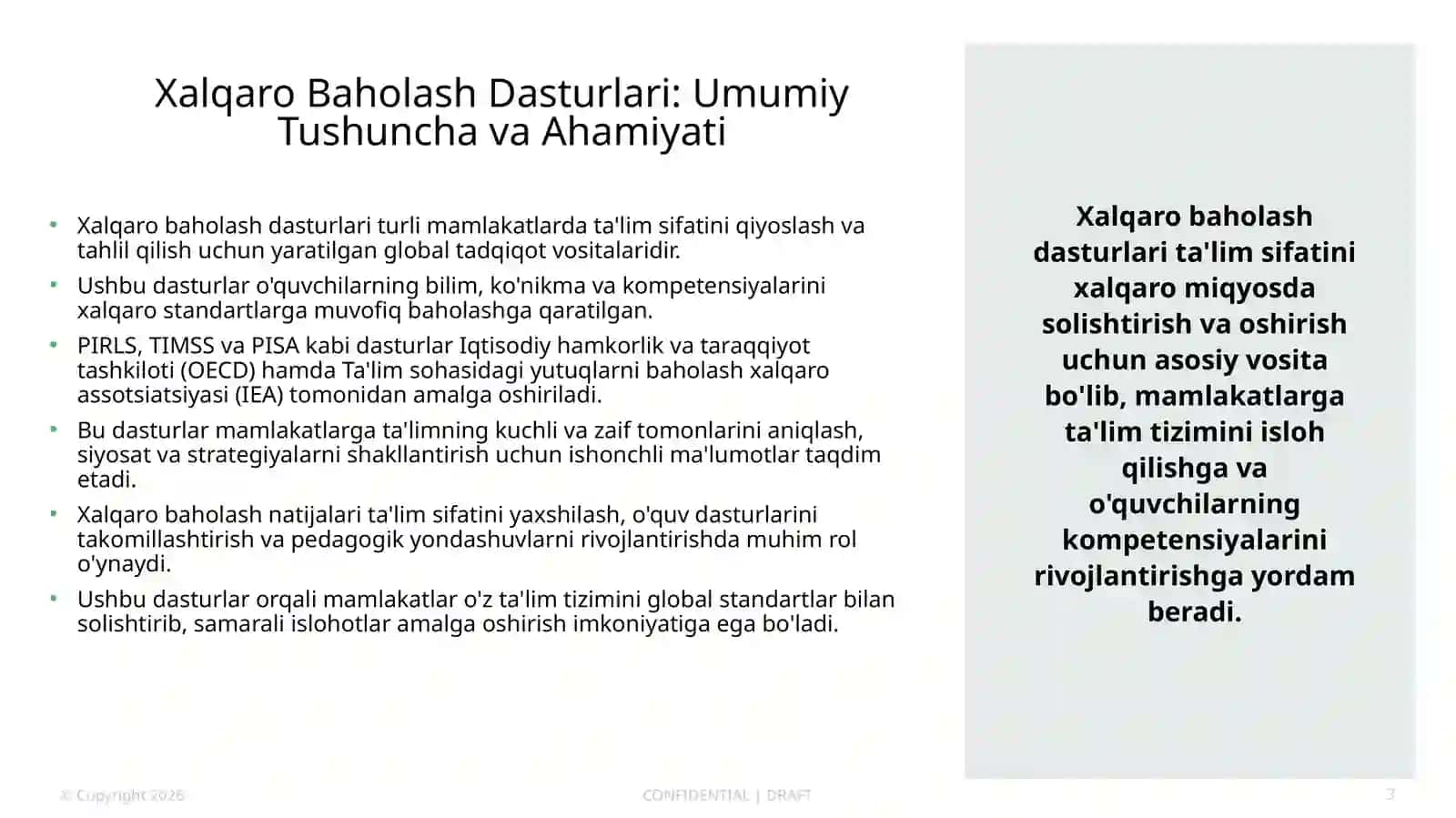 Xalqaro Baholash Dasturlari: PIRLS, TIMSS, PISA 3