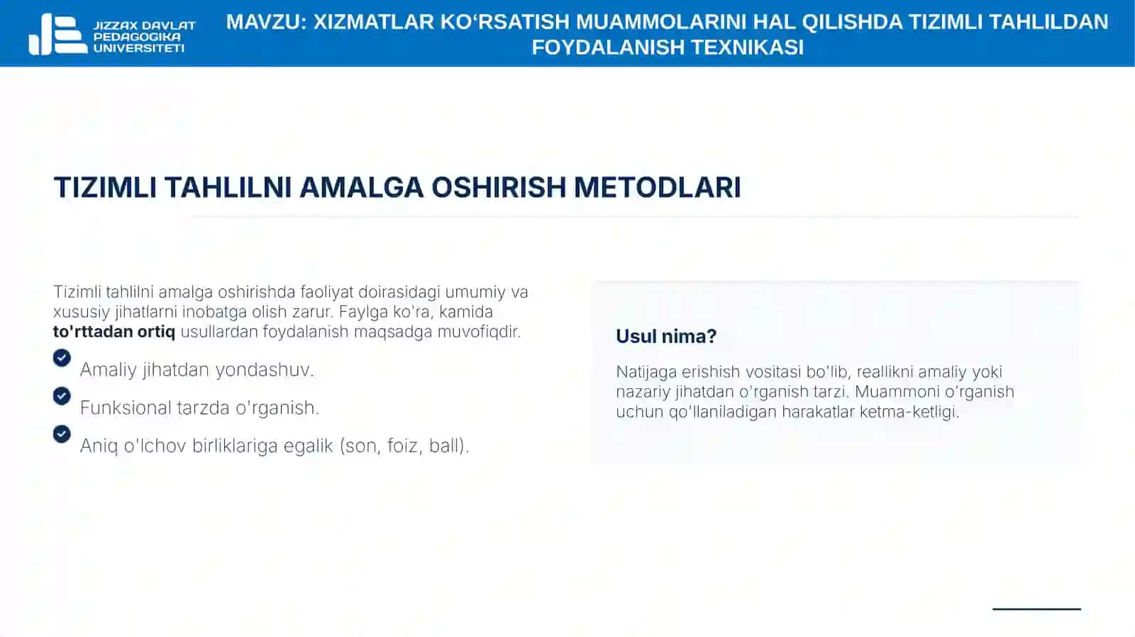 6-mavzu. Xizmatlar ko‘rsatish muammolarini hal qilishda tizimli tahlildan foydalanish texnikasi 3