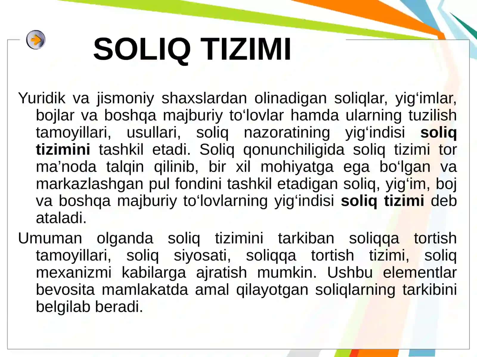 2-mavzu:O’ZBEKISTON RESPUBLIKASIDASOLIQ TIZIMI, SOLIQ MUNOSABATLARI SUBEKTLARINING HUQUQ VA MAJBURIYATLARI.Umumdavlatsoliqlarihamdamahalliysoliqlarvayig‘imlar 3