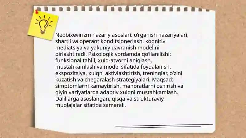 Psixologik yordam vaqtida asosiy konsepsiya va usullardan foydalanishi 3