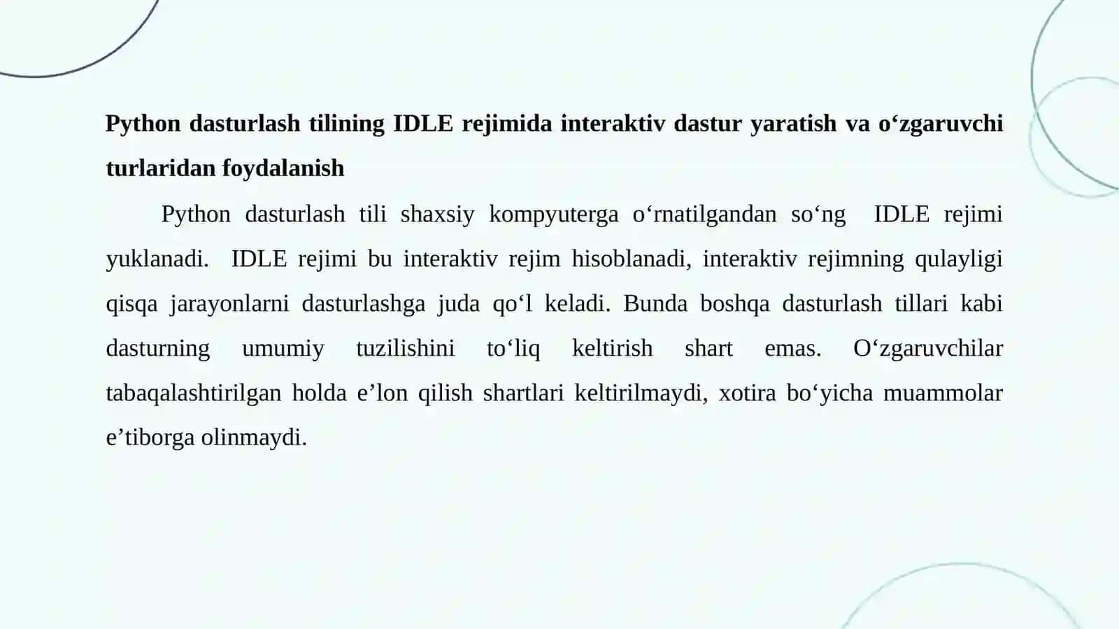 PYTHОN DАSTURLАSH TILIDА INTERАKTIV REJIM, BIRINСHI DАSTUR, KIRITISH VА СHIQАRISH ОPERАTОRLАRI 3